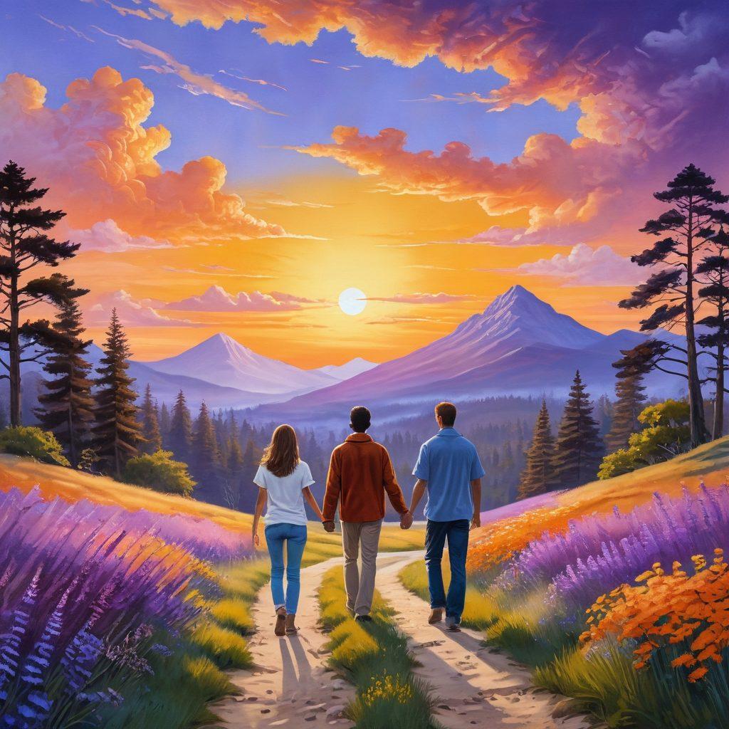 A serene landscape featuring a diverse couple standing confidently on a path leading to a bright horizon, symbolizing a secure future. They are surrounded by various icons representing affordable insurance solutions, like home, health, and life insurance. The sky transitions from dusk to dawn, symbolizing hope and new beginnings. Soft, warm colors to evoke a sense of trust and partnership. super-realistic. vibrant colors.