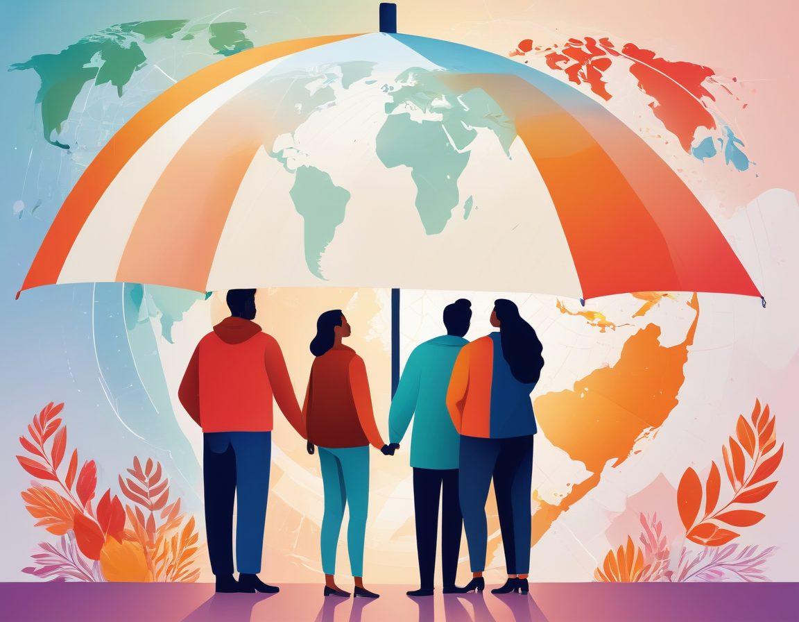 An illustration of diverse couples and families standing together under a protective umbrella labeled 'Insurance Protection'. Each couple is depicted in a different relationship dynamic, showcasing their unique stories and worries. The background features a world map symbolizing global coverage options with various icons of protection like shields and hands. The colors should be warm and inviting, reflecting security and trust. vibrant colors. vector art.