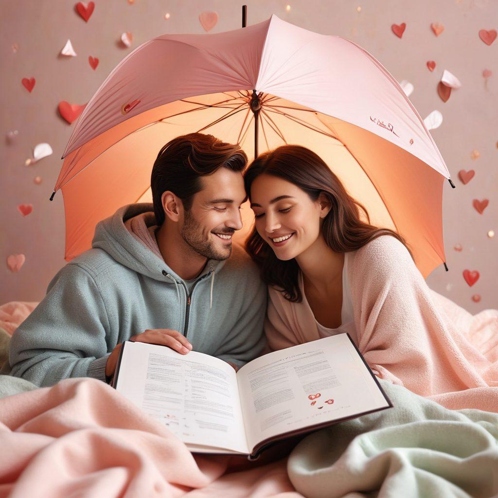 A warm and inviting scene of a happy couple sitting together under a cozy blanket, sharing a moment of tenderness while looking at insurance documents and planning for their future. Surround them with symbols of love like hearts and safety umbrellas, highlighting protection. Use soft pastel colors to create a gentle atmosphere that evokes trust and security. cozy atmosphere. soft pastel colors. super-realistic.